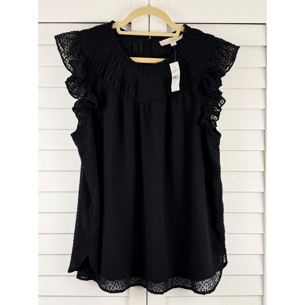 LOFT Blouse XL Black Smocked Neck Flutter Sleeve Textured NEW